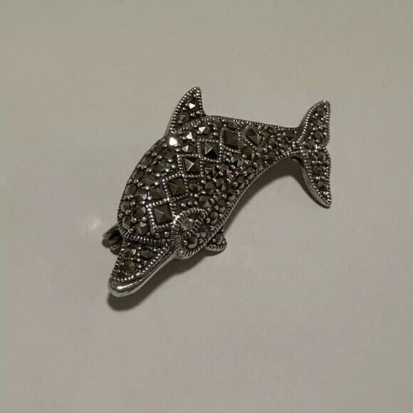 Sterling Silver Marcasite Dolphin Brooch Pin 1 7/8 Inch - Picture 3 of 5
